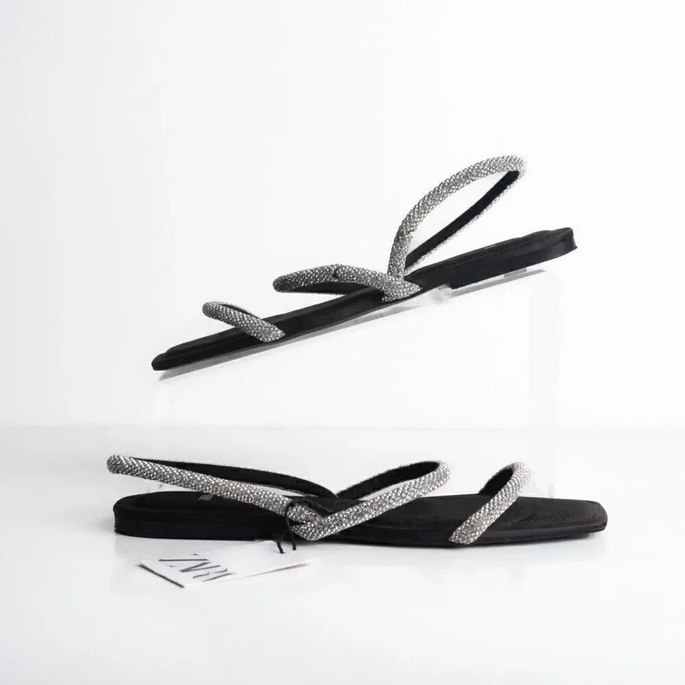 Zara Womens Black Strappy Rhinestone Slingback Flat Sandals Sz US 7.5 EU 38 - Picture 2 of 10